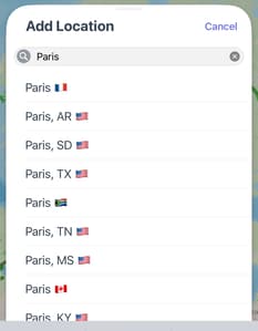 Count the US flags. Screenshot of the search screen from Weather Up 3.0